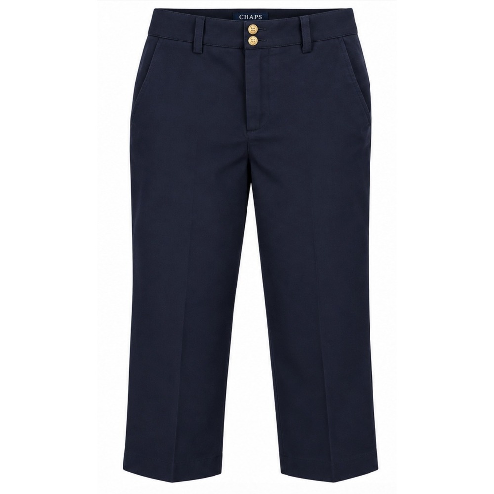 Chaps Mid Rise Capri Pants Women 8 Navy Blue Gold Button Stretch